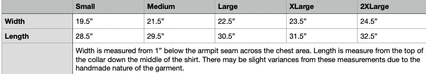 FL Things Unisex Button Up Size Chart