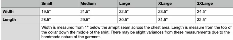 FL Things Unisex Button Up Size Chart