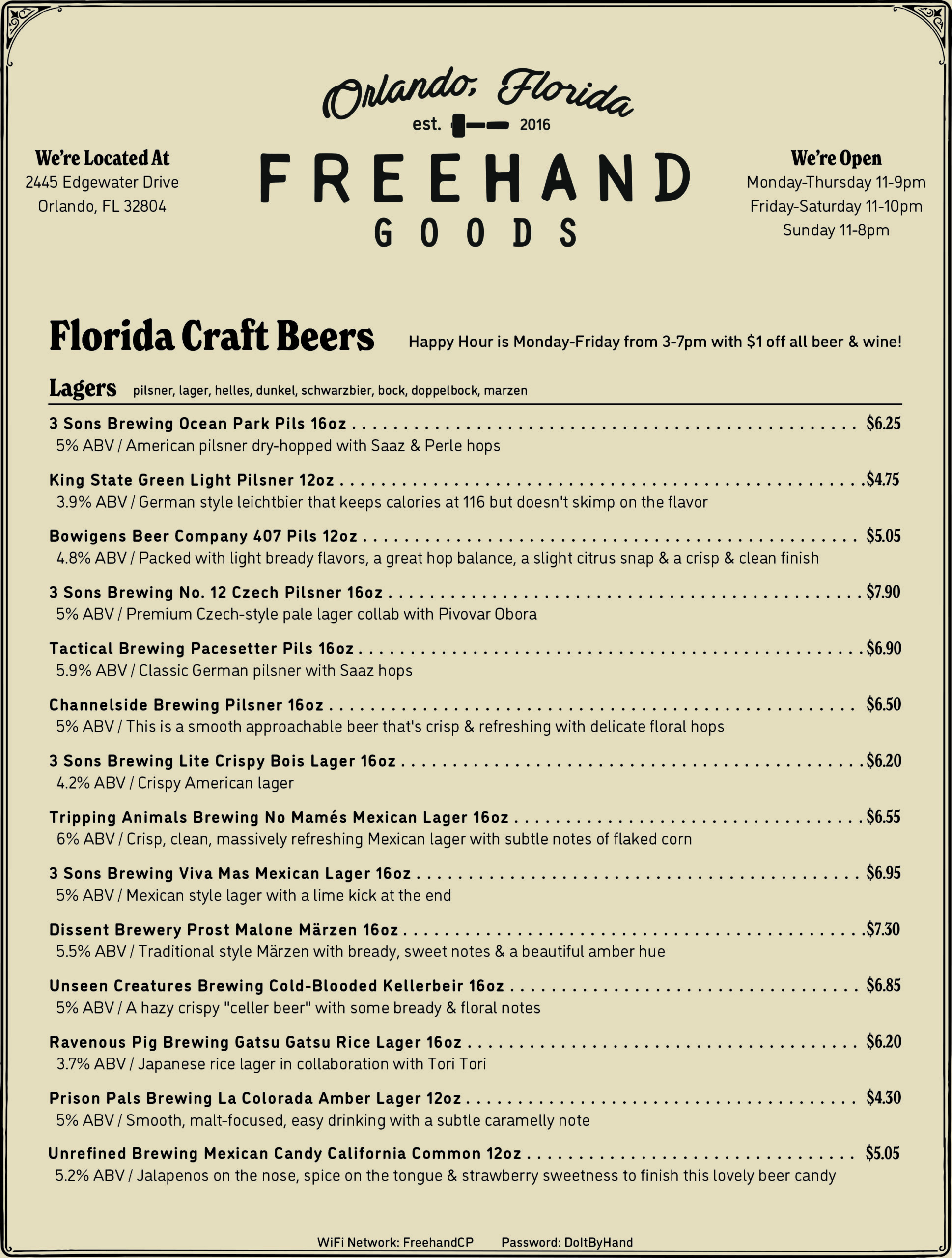 FHG Beer & Wine Menu