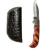 6.5" Damascus Pocket Knife & Gator Stamped Leather Sheath