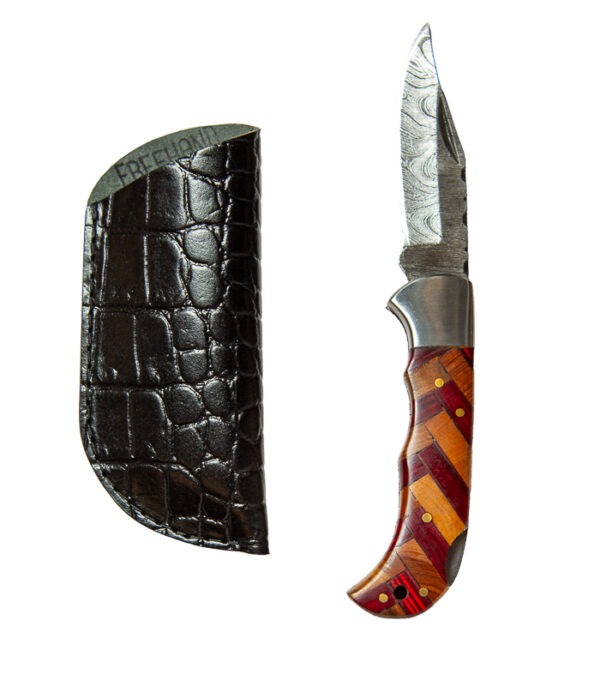 6.5" Damascus Pocket Knife & Gator Stamped Leather Sheath