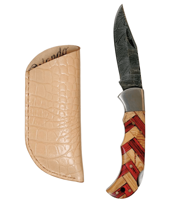 6.5" Damascus Pocket Knife & Gator Stamped Leather Sheath