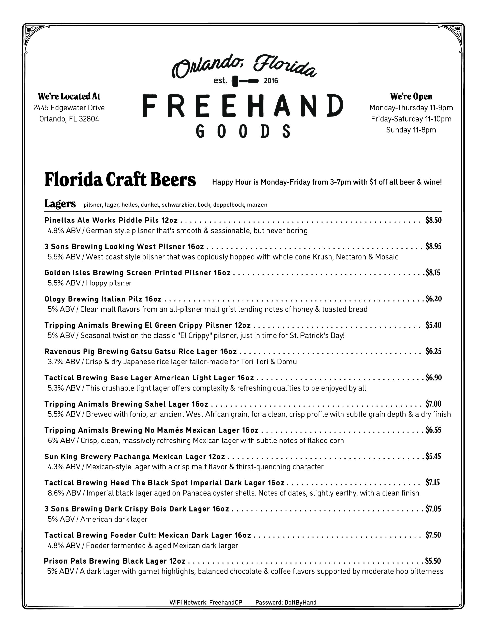 Freehand Goods College Park Beer & Wine Menu
