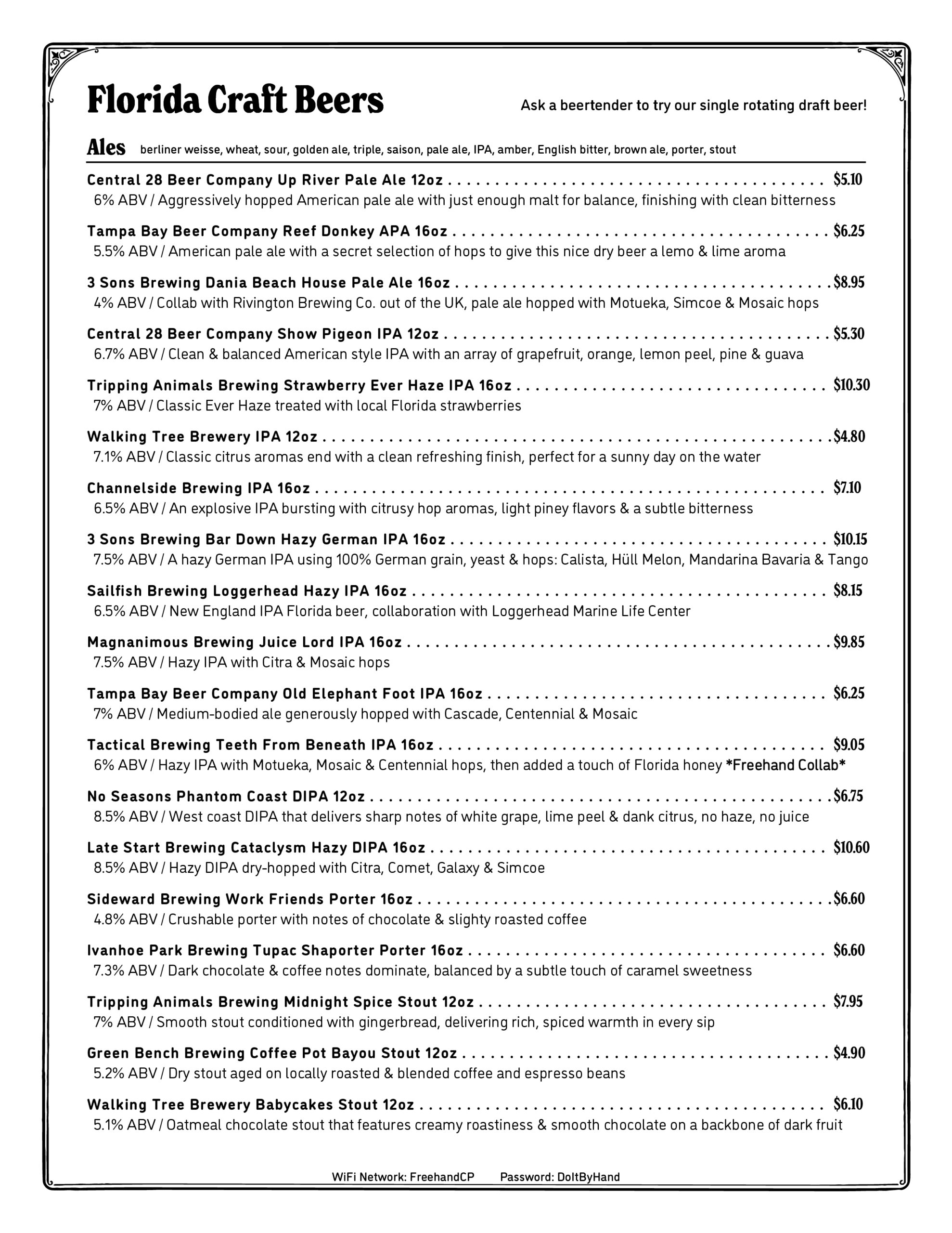 Freehand Goods College Park Beer & Wine Menu