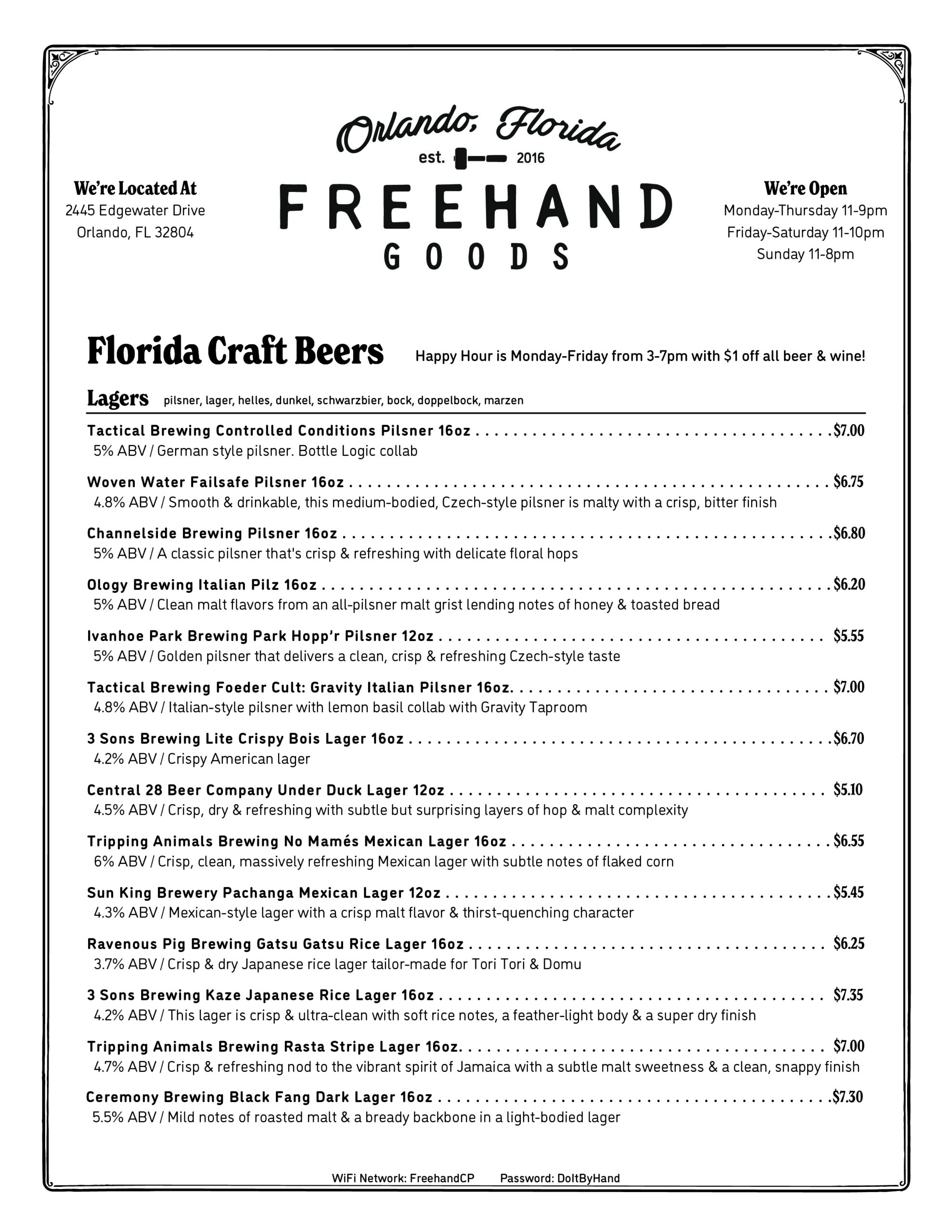 FHG Beer & Wine Menu