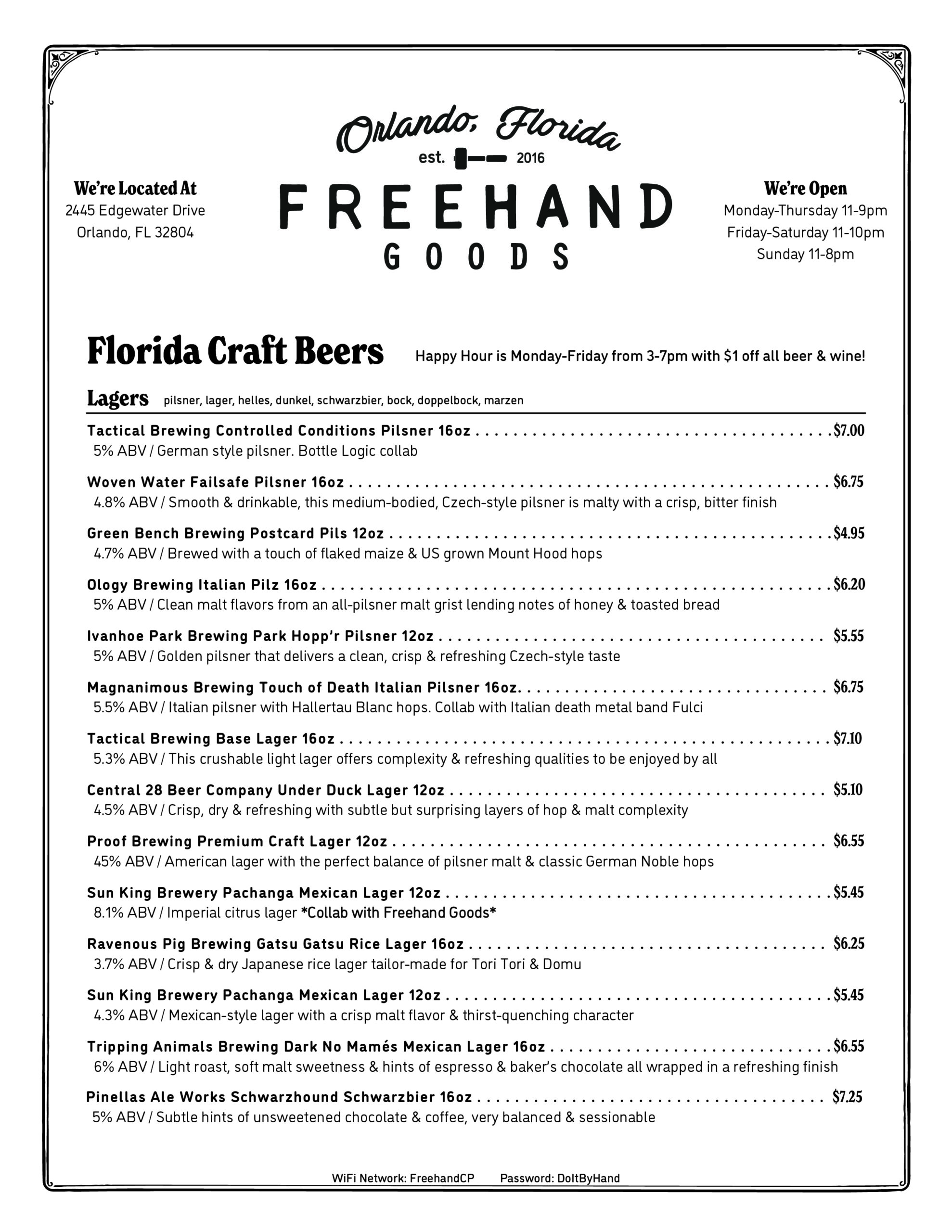 FHG Beer & Wine Menu