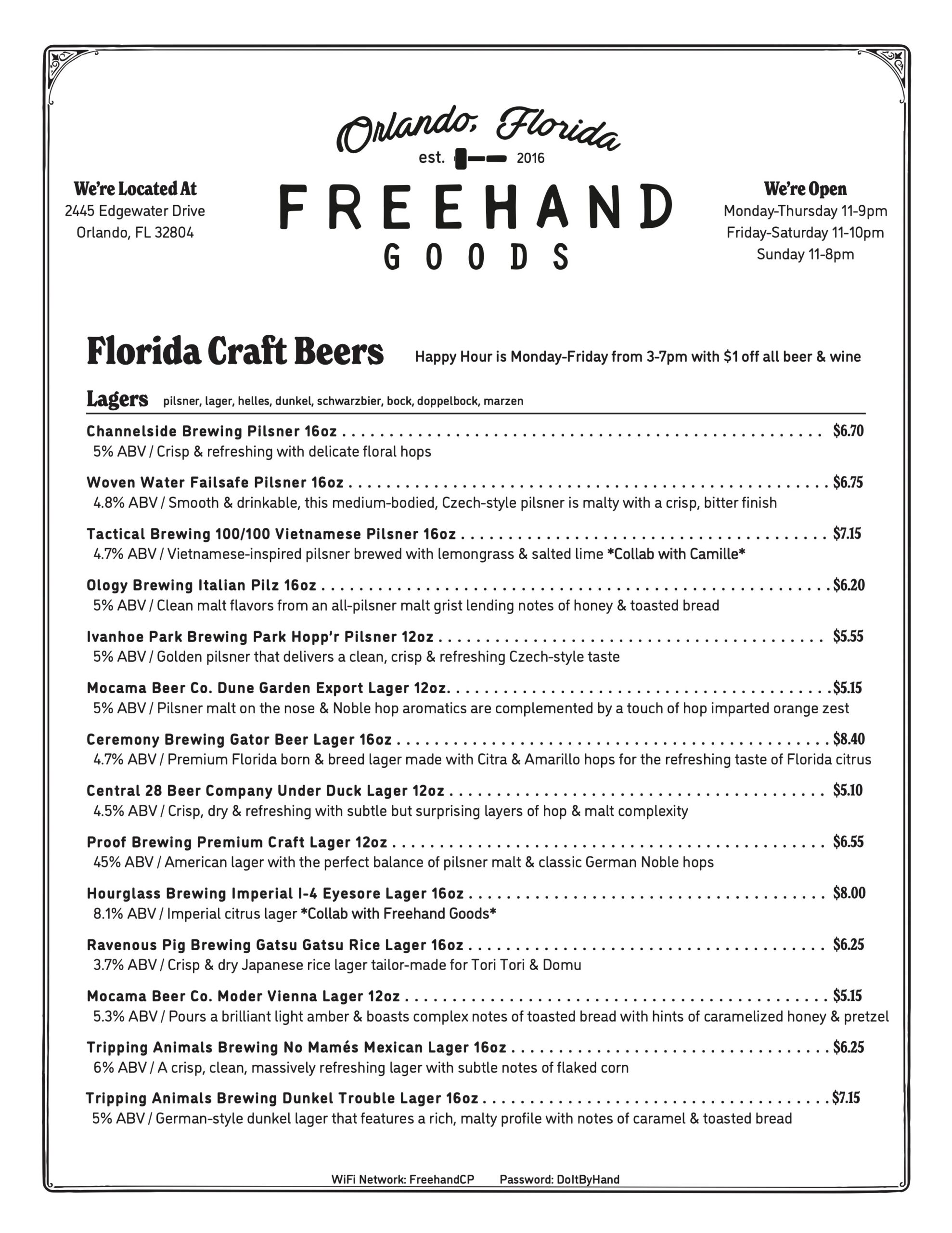 FHG Beer & Wine Menu