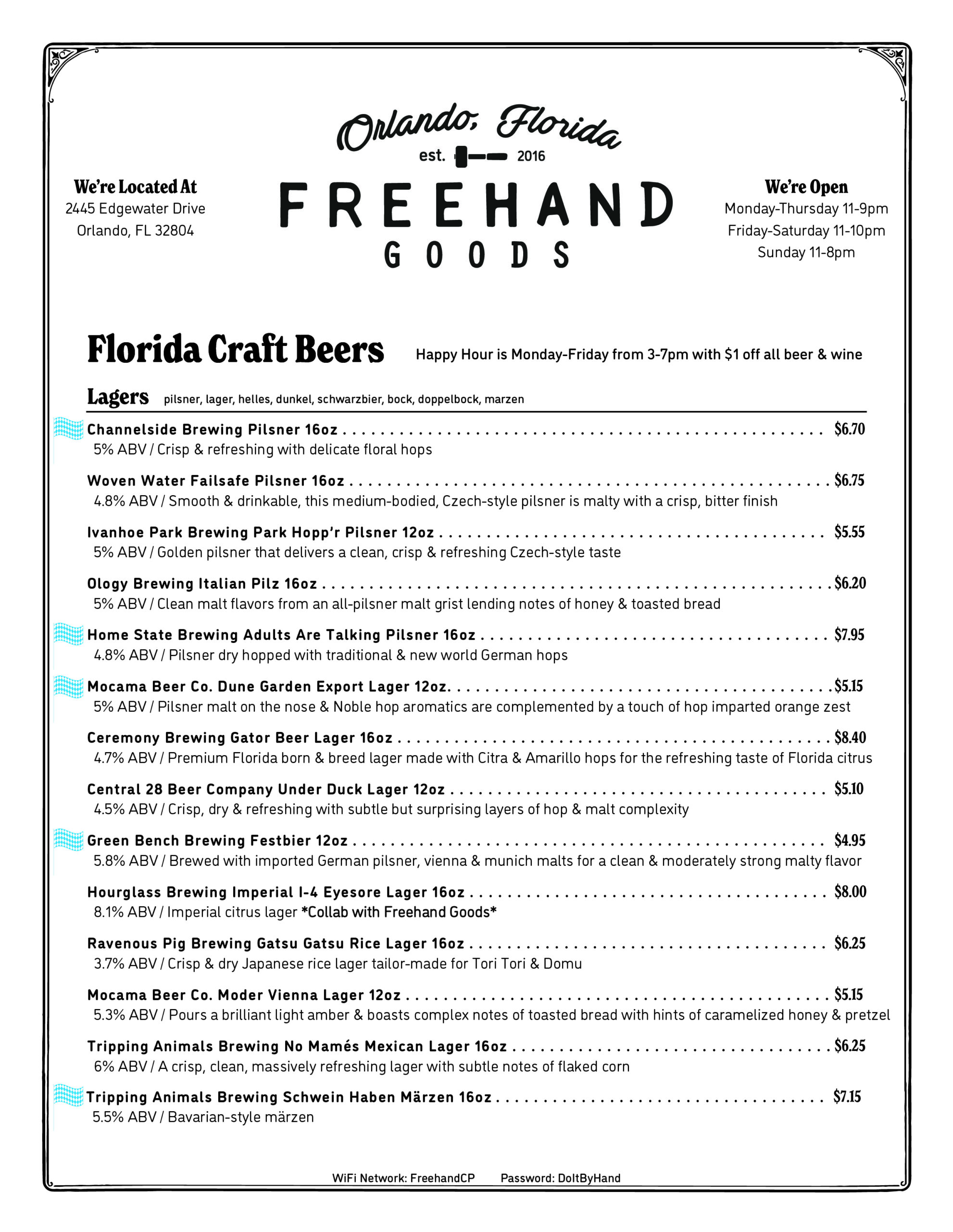 FHG Beer & Wine Menu