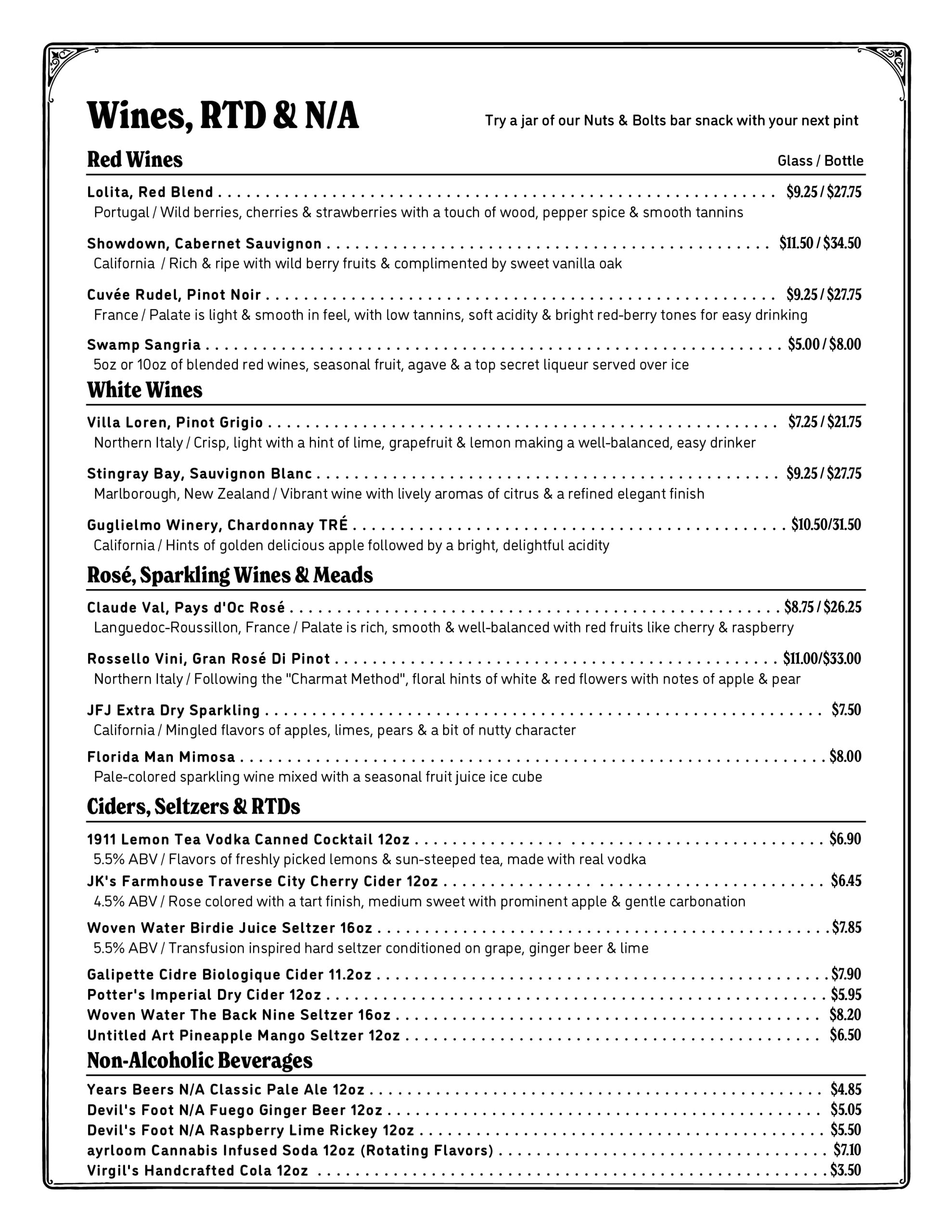 FHG Beer & Wine Menu